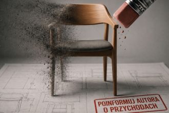 Alt: Rozpadające się krzesło nad projektem technicznym symbolizujące naruszenie przez kogoś prawa autorskie