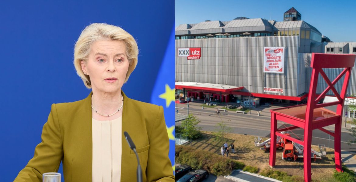 Od lewej: Ursula von der Leyen, przewodnicząca Komisji Europejskiej i XXXLutz Würzburg w Niemczech. Źródła: Komisja Europejska / Biuro prasowe XXXLutz.