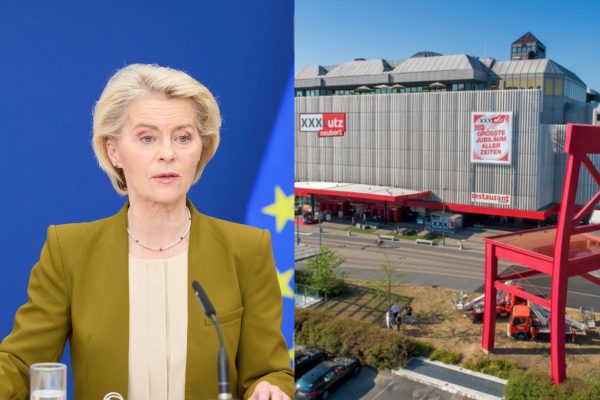 Od lewej: Ursula von der Leyen, przewodnicząca Komisji Europejskiej i XXXLutz Würzburg w Niemczech. Źródła: Komisja Europejska / Biuro prasowe XXXLutz.