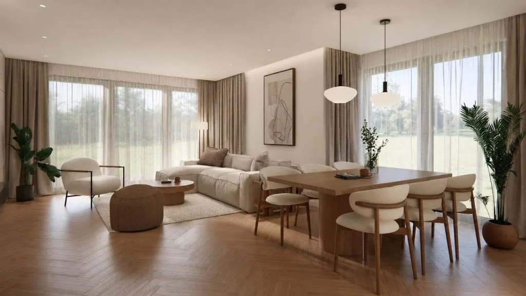 Strefa relaksu w salonie, gdzie organiczne formy mebli sprzyjają wyciszeniu. Projekt Filipa Kierasa i Bartosza Młynarskiego z pracowni Tomato Studio.