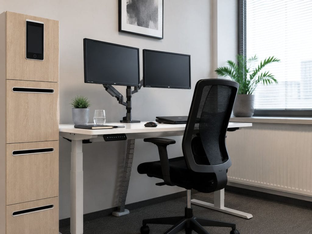 Nowoczesne stanowisko pracy z ergonomicznym biurkiem o regulowanej wysokości, dwoma monitorami na ramieniu, czarnym krzesłem siatkowym i szafką na dokumenty z wbudowanym tabletem.