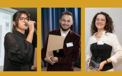 Od lewej: Martyna Krajewska (nagrodzona w konkursie Diament Meblarstwa 2019 w kategorii młody design), Mateusz Nierzwicki ze statuetką Diament Meblarstwa 2025: młody design i Dominika Głowacka (laureatka konkursu Diament Meblarstwa 2026 w kategorii młody design).