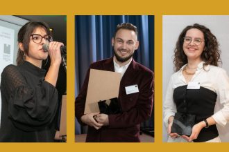 Od lewej: Martyna Krajewska (nagrodzona w konkursie Diament Meblarstwa 2019 w kategorii młody design), Mateusz Nierzwicki ze statuetką Diament Meblarstwa 2025: młody design i Dominika Głowacka (laureatka konkursu Diament Meblarstwa 2026 w kategorii młody design).
