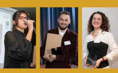 Od lewej: Martyna Krajewska (nagrodzona w konkursie Diament Meblarstwa 2019 w kategorii młody design), Mateusz Nierzwicki ze statuetką Diament Meblarstwa 2025: młody design i Dominika Głowacka (laureatka konkursu Diament Meblarstwa 2026 w kategorii młody design).
