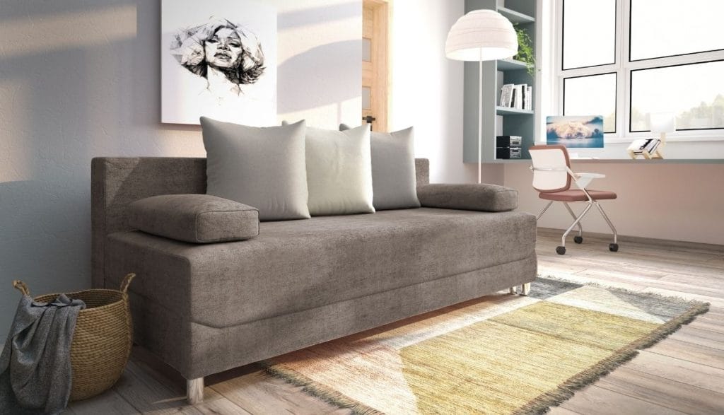 Beżowo-szara rozkładana sofa do salonu Libro Alisa z poduszkami oparciowymi.