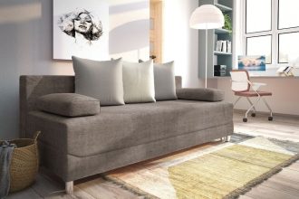 Beżowo-szara rozkładana sofa do salonu Libro Alisa z poduszkami oparciowymi.