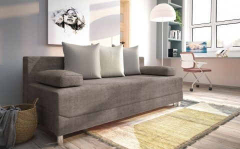 Beżowo-szara rozkładana sofa do salonu Libro Alisa z poduszkami oparciowymi.