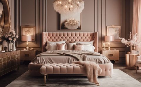 Elegancja i komfort – duży materac premium na tapicerowanym łóżku w stylowo urządzonej sypialni.