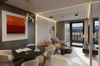 Apartament o pow. ok. 55 m2 w inwestycji Młyny Mogilska w Krakowie. Większość ścian przeznaczonego pod wynajem dla klienta premium lokalu wykończono z wykorzystaniem spieków wielkoformatowych i płyt meblowych pokrytych orzechowym fornirem lub lakierowanych w odcieniach jasnego beżu. Szlachetne faktury o stonowanych, choć kontrastujących barwach, dopełniono akcentami w intensywniejszych kolorach. Projekt i realizacja: Swałtek Design Studio.
