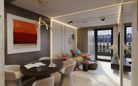 Apartament o pow. ok. 55 m2 w inwestycji Młyny Mogilska w Krakowie. Większość ścian przeznaczonego pod wynajem dla klienta premium lokalu wykończono z wykorzystaniem spieków wielkoformatowych i płyt meblowych pokrytych orzechowym fornirem lub lakierowanych w odcieniach jasnego beżu. Szlachetne faktury o stonowanych, choć kontrastujących barwach, dopełniono akcentami w intensywniejszych kolorach. Projekt i realizacja: Swałtek Design Studio.