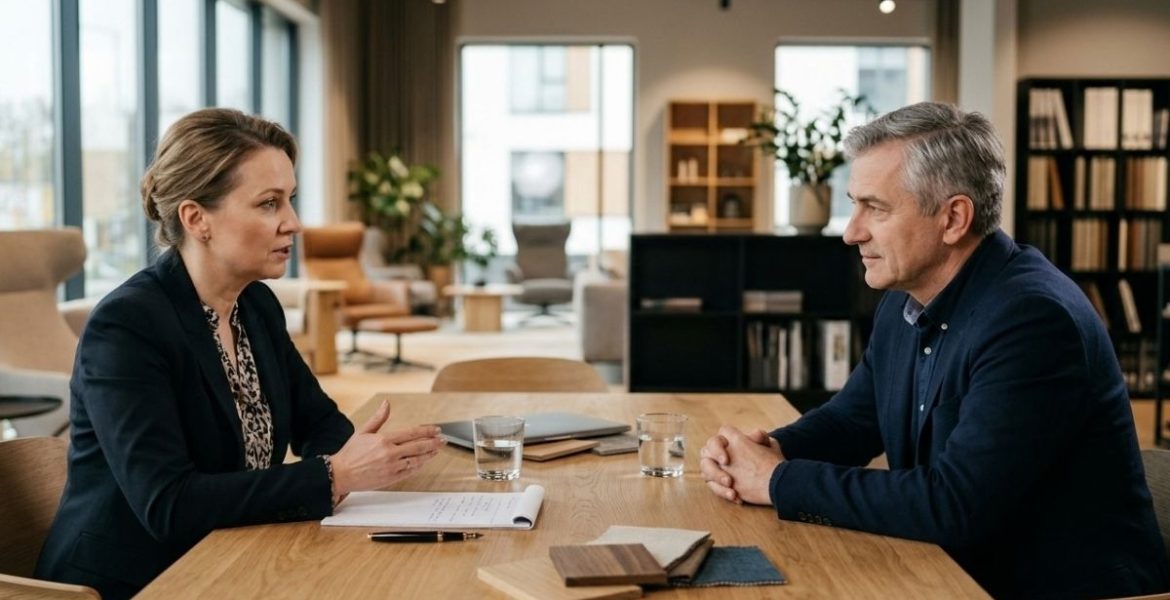 Profesjonalne negocjacje biznesowe w branży meblarskiej – dwoje doświadczonych partnerów rozmawia przy dębowym stole w nowoczesnym biurze, omawiając szczegóły współpracy przy próbkach materiałów.