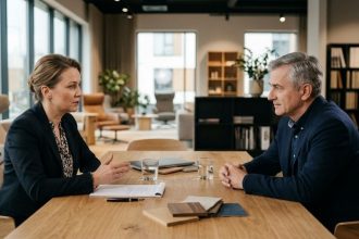 Profesjonalne negocjacje biznesowe w branży meblarskiej – dwoje doświadczonych partnerów rozmawia przy dębowym stole w nowoczesnym biurze, omawiając szczegóły współpracy przy próbkach materiałów.