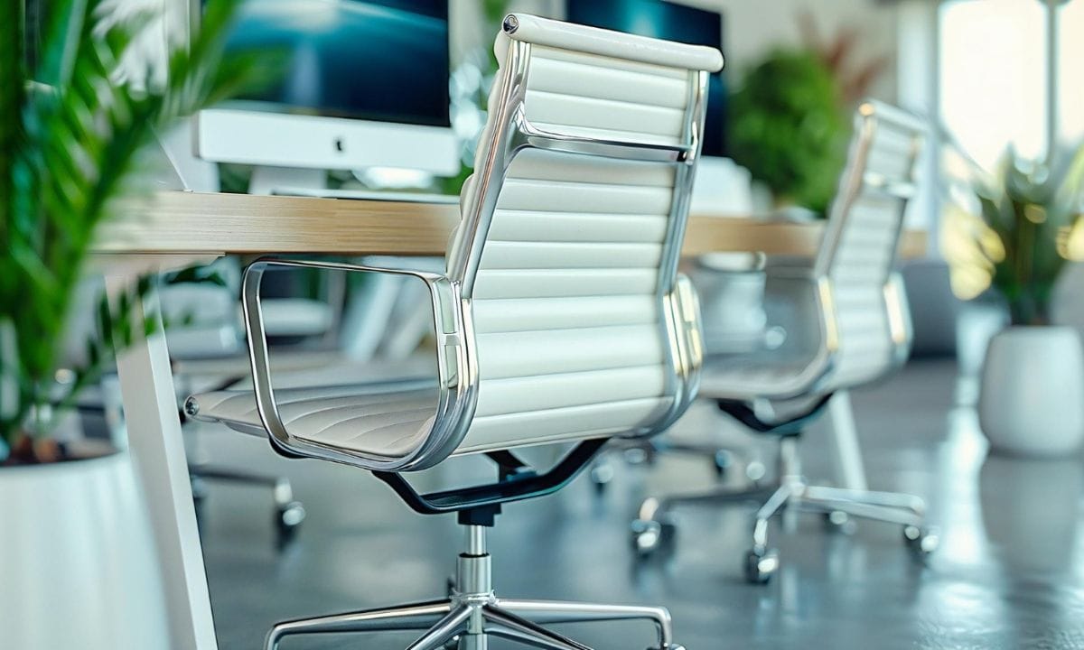 Ekskluzywne krzesła do sal konferencyjnych z chromowaną ramą i pikowaną białą skórą.
