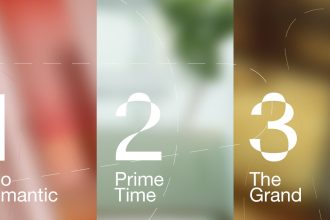 Tryptyk graficzny, podzielony na trzy pionowe panele ze spłaszczoną grafiką nałożoną na rozmyte tła. Każdy panel ma duży numer na górze i tekst na dole. Od lewej: Numer 1 na czerwono-różowym tle z napisem 'Neo Romantic'; Numer 2 na jasno-seledynowym tle z napisem 'Prime Time'; Numer 3 na złotym/żółtym tle z napisem 'The Grand'. Całość przecinają cienkie, białe, abstrakcyjne linie geometryczne.