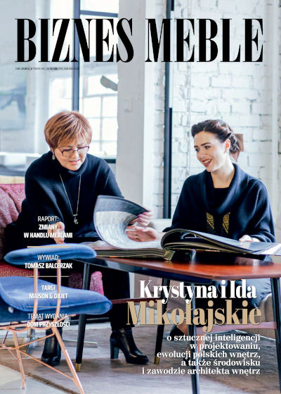 Okładka miesięcznika BIZNES MEBLE - wydanie październik 2026. Na okładce: Krystyna i Ida Mikołajskie, architektki, właścicielki pracowni MIKOŁAJSKAstudio.
