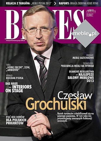 Okładka miesięcznika BIZNES.meble.pl - wydanie kwiecień 2013. Na okładce: Czesław Grochulski, prezes Zarządu firmy Enkev Polska