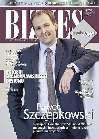 Okładka miesięcznika BIZNES.meble.pl - wydanie styczeń 2016. Na okładce: Paweł Szczepkowski, prezes Zarządu firmy GAMET.
