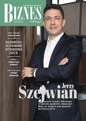 Okładka miesięcznika BIZNES.meble.pl - wydanie marzec 2021. Na okładce: Jerzy Szejwian, prezes Schattdecor Polska.