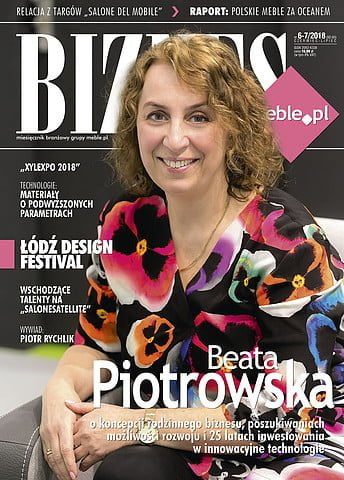 Okładka miesięcznika BIZNES.meble.pl - wydanie czerwiec-lipiec 2018. Na okładce: Beata Piotrowska, zastępca dyrektora ds. produkcji i rozwoju w firmie Melaco. Fot. Tomasz Markowski