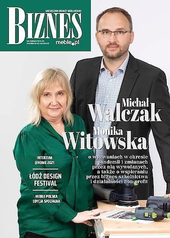 Okładka miesięcznika BIZNES.meble.pl - wydanie czerwiec-lipiec 2021. Na okładce: Monika Witowska – dyrektor finansowy i Michał Walczak – dyrektor handlowy w Festool Polska. Fot. Tomasz Markowski.