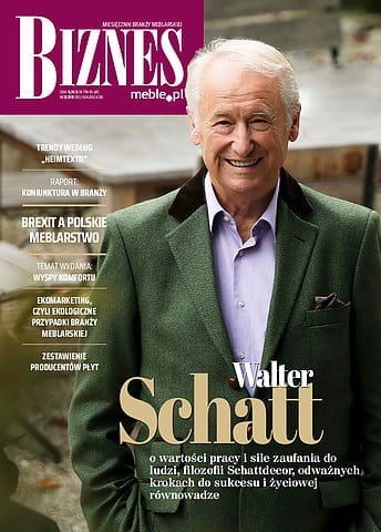 Okładka miesięcznika BIZNES.meble.pl - wydanie grudzień 2019. Na okładce: Walter Schatt, założyciel grupy Schattdecor