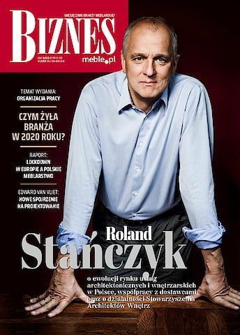 Okładka miesięcznika BIZNES.meble.pl - wydanie luty 2021. Na okładce: Arch. Roland Stańczyk, właściciel RS Studio Projektowe i członek Zarządu Stowarzyszenia Architektów Wnętrz. Fot. Arek Markowicz.