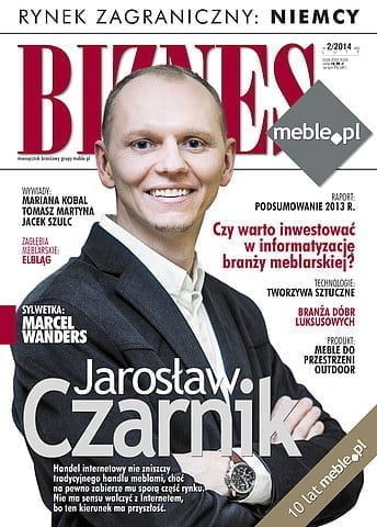 Okładka miesięcznika BIZNES.meble.pl - wydanie luty 2014. Na okładce: Jarosław Czarnik, prezes zarządu Meble.pl - największy portal branży meblowej i wyposażenia wnętrz.