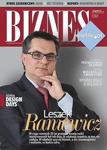 Okładka miesięcznika BIZNES.meble.pl - wydanie sierpień-wrzesień 2012. Na okładce: Leszek Raniewicz, prezes Zarządu firmy Amann