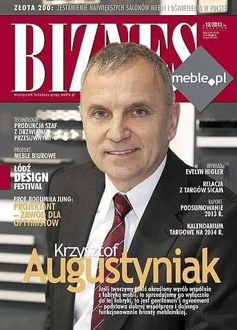 Okładka miesięcznika BIZNES.meble.pl - wydanie grudzień 2013. Na okładce: Krzysztof Augustyniak, prezes Schwinn Polska