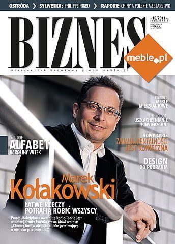 Okładka miesięcznika BIZNES.meble.pl - wydanie październik 2011. Na okładce: Marek Kołakowski, prezes Grupy Mebelplast. Fot. Mebelplast