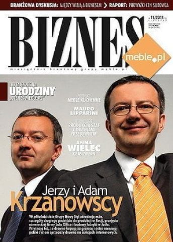 Okładka miesięcznika BIZNES.meble.pl - wydanie listopad 2011. Na okładce: Jerzy i Adam Krzanowscy, współwłaściciele Grupy Nowy Styl. Fot. Grupa Nowy Styl