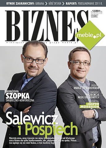 Okładka miesięcznika BIZNES.meble.pl - wydanie grudzień 2011. Na okładce: Tomasz Salewicz i Rafael Pospiech, Döllken Polska. Fot. Anna Urbanek