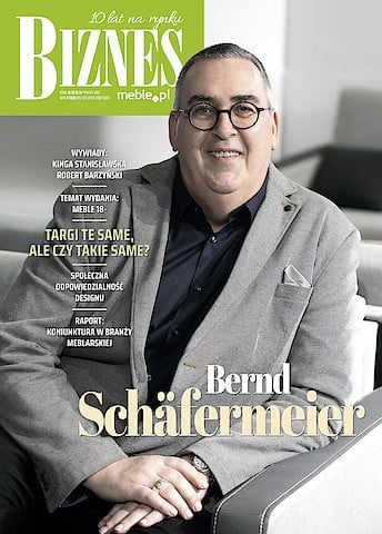 Okładka miesięcznika BIZNES.meble.pl - wydanie czerwiec-lipiec 2020. Na okładce: Bernd Schäfermeier, dyrektor zarządzający targów M.O.W. Fot. Tomasz Markowski.