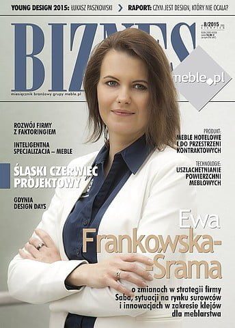 Okładka miesięcznika BIZNES.meble.pl - wydanie sierpień 2015. Na okładce: Ewa Frankowska-Śrama, dyrektor handlowy firmy Saba Polska
