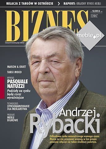 Okładka miesięcznika BIZNES.meble.pl - wydanie październik 2014. Na okładce: Andrzej Rybacki, prezes Grupy Polskich Kupców Meblowych