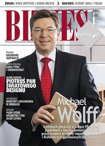 Okładka miesięcznika BIZNES.meble.pl - wydanie wrzesień 2016. Na okładce: Michael Wolff, prezes Zarządu Pfleiderer.