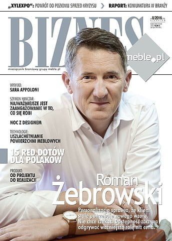 Okładka miesięcznika BIZNES.meble.pl - wydanie sierpień 2016. Na okładce: Roman Żebrowski, prezes firmy Nomet.