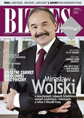Okładka miesięcznika BIZNES.meble.pl - wydanie kwiecień 2016. Na okładce: Mirosław Wolski, prezes Zarządu firmy Schattdecor.