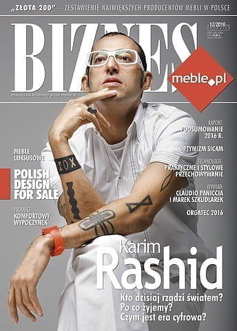 Okładka miesięcznika BIZNES.meble.pl - wydanie grudzień 2016. Na okładce: Karim Rashid, fot. Milovan Knezevic.