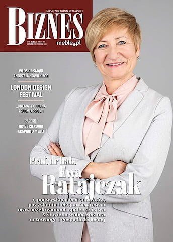 Okładka miesięcznika BIZNES.meble.pl - wydanie listopad 2021. Na okładce: Prof. dr hab. Ewa Ratajczak, przewodnicząca Rady Instytutu Łukasiewicz – Instytut Technologii Drewna.