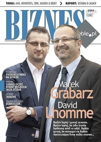 Okładka miesięcznika BIZNES.meble.pl - wydanie marzec 2014. Na okładce: David Lhomme, prezes zarządu i Markek Grabarz, kierownik sprzedaży w firmie Poldem