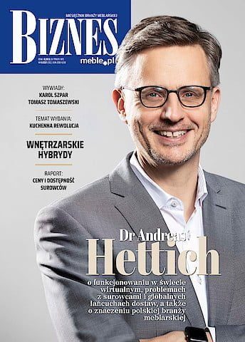 Okładka miesięcznika BIZNES.meble.pl - wydanie sierpień 2021. Na okładce: dr Andreas Hettich, przewodniczący Rady Nadzorczej Grupy Hettich.