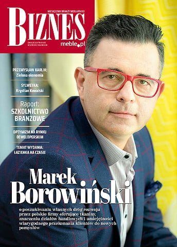 Okładka miesięcznika BIZNES.meble.pl - wydanie maj 2019. Na okładce: Marek Borowiński, Shop Doctor, ambasador marki Toptextil. Fot. Tomasz Markowski.
