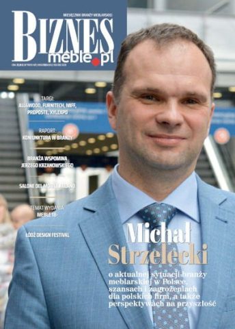 Okładka miesięcznika BIZNES.meble.pl - wydanie czerwiec-lipiec 2024. Na okładce: Michał Strzelecki, dyrektor biura Ogólnopolskiej Izby Gospodarczej Producentów Mebli.