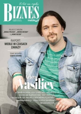 Okładka miesięcznika BIZNES.meble.pl - wydanie kwiecień 2020. Na okładce: Artem Vasiliev, International Alliance of Furnishing Publications (IAFP) Fot. Tomasz Markowski