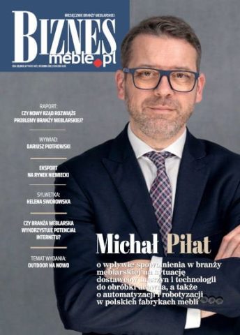 Okładka miesięcznika BIZNES.meble.pl - wydanie luty 2024. Na okładce: Michał Piłat, Dyrektor Zarządzający HOMAG Polska.