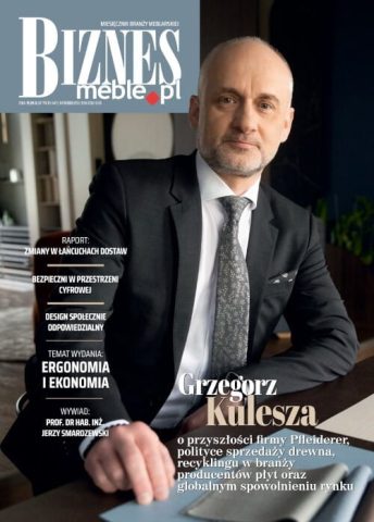 Okładka miesięcznika BIZNES.meble.pl - wydanie maj 2023. Na okładce: Grzegorz Kulesza, dyrektor zarządzający Pfleiderer Polska.