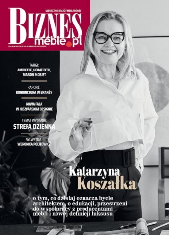 Okładka miesięcznika BIZNES.meble.pl - wydanie marzec 2023. Na okładce: Katarzyna Koszałka, właścicielka pracowni projektowej mDom. Fot. Budzik Studio.