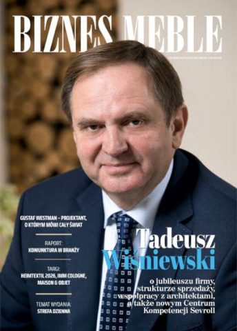 Okładka miesięcznika BIZNES MEBLE - wydanie marzec 2026. Na okładce: Tadeusz Wiśniewski, prezes Zarządu Sevroll-System.
