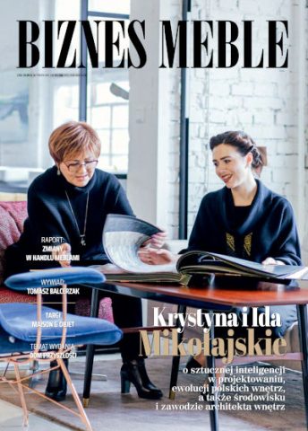 Okładka miesięcznika BIZNES MEBLE - wydanie październik 2026. Na okładce: Krystyna i Ida Mikołajskie, architektki, właścicielki pracowni MIKOŁAJSKAstudio.